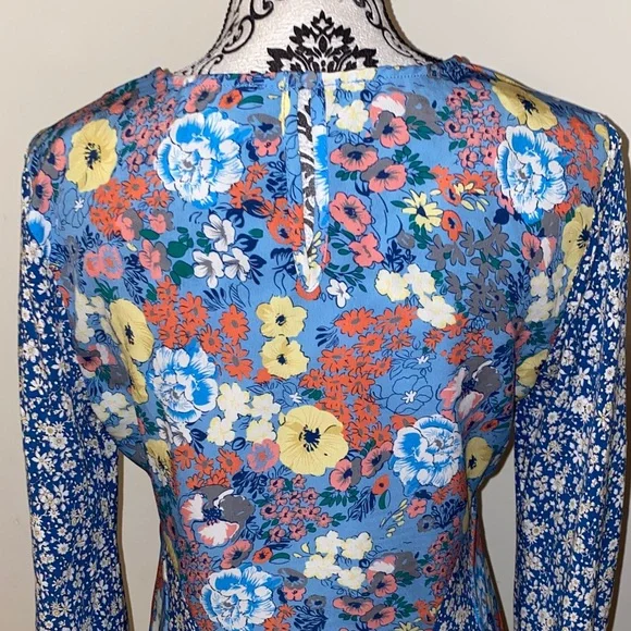 NWOT!! Umgee Patchwork Boho Blue & Yellow Floral Long Sleeve Dress Size Small - Picture 10 of 13